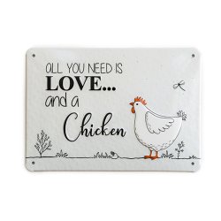 Aluminiumsskilt "Love and chicken" - 14,8 x 21 cm.