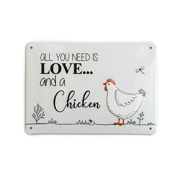 Aluminiumsskilt "Love and chicken" - 14,8 x 21 cm.